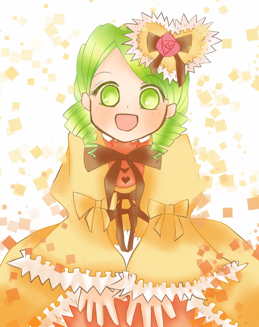 1girl :d bow crown dress drill_hair flower frills green_eyes green_hair hair_ornament image kanaria open_mouth ribbon smile solo twin_drills