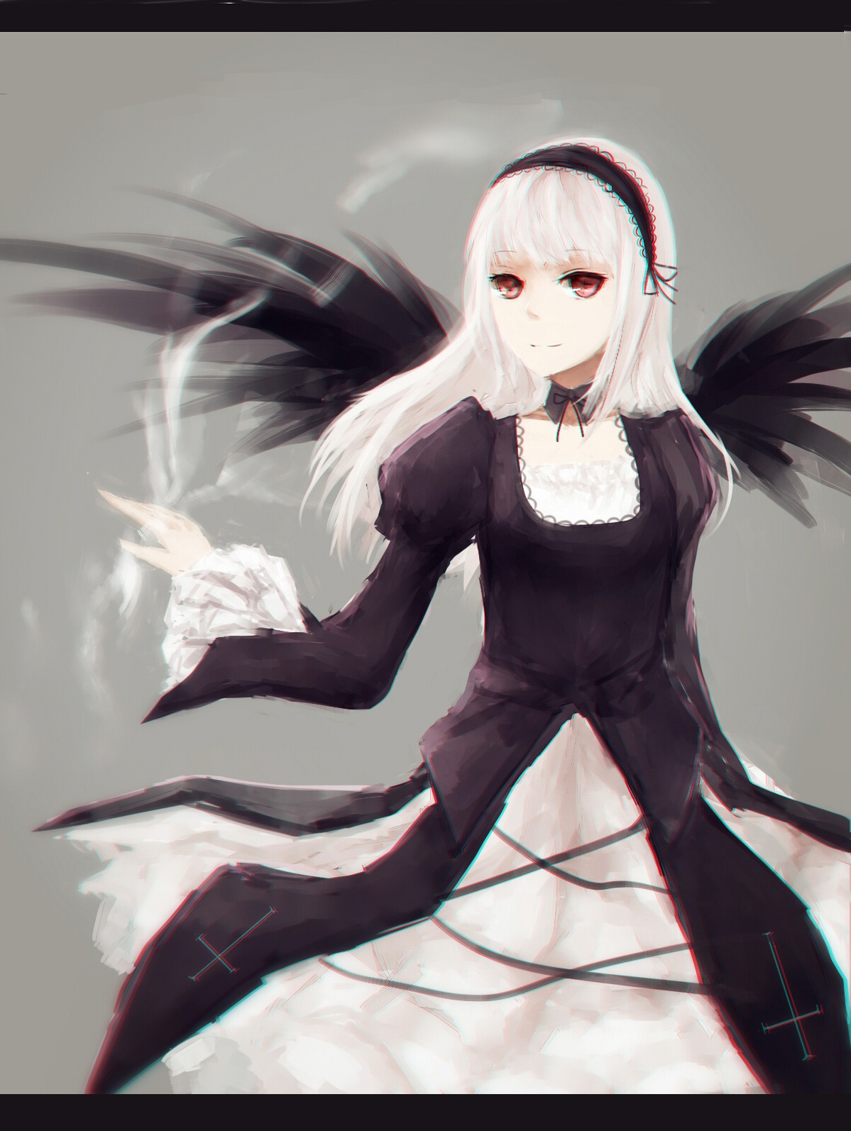 1girl bangs black_dress black_ribbon black_wings closed_mouth dress frills grey_background hairband image juliet_sleeves letterboxed long_hair long_sleeves looking_at_viewer puffy_sleeves red_eyes ribbon simple_background smile solo suigintou wings