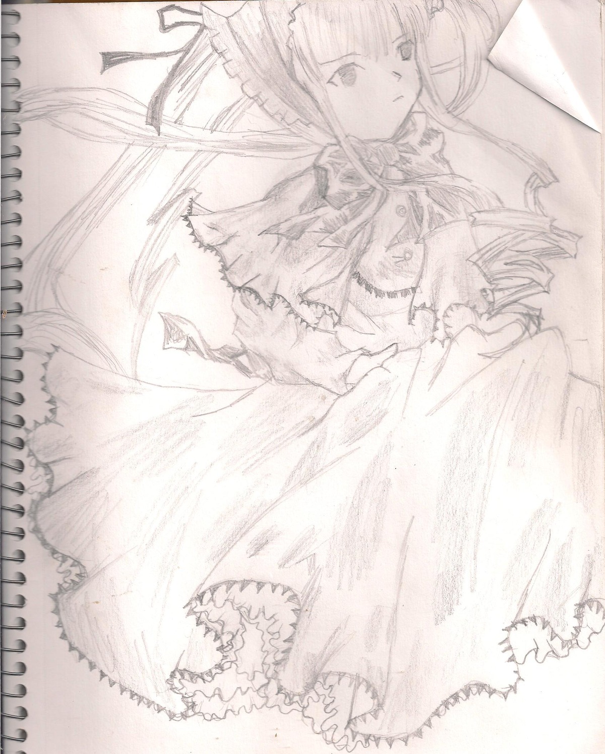 1girl dress frills image long_hair long_sleeves looking_at_viewer monochrome ribbon shinku solo very_long_hair