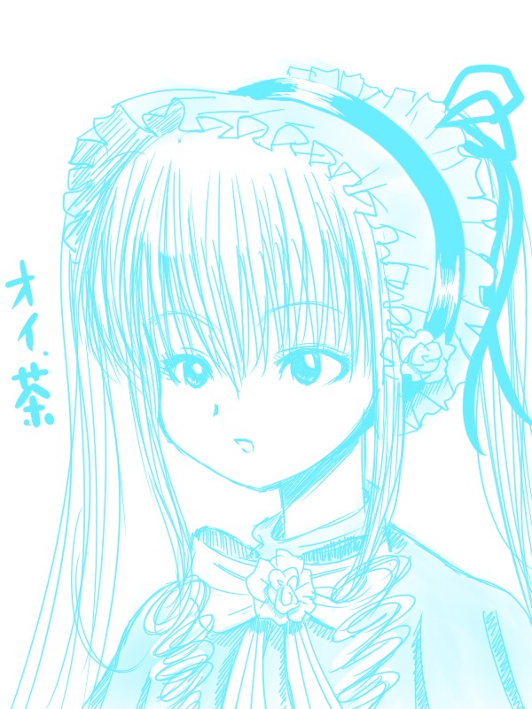 1girl bangs blue_theme eyebrows_visible_through_hair flower hairband image lolita_hairband long_hair looking_at_viewer monochrome shinku sidelocks simple_background solo striped upper_body white_background