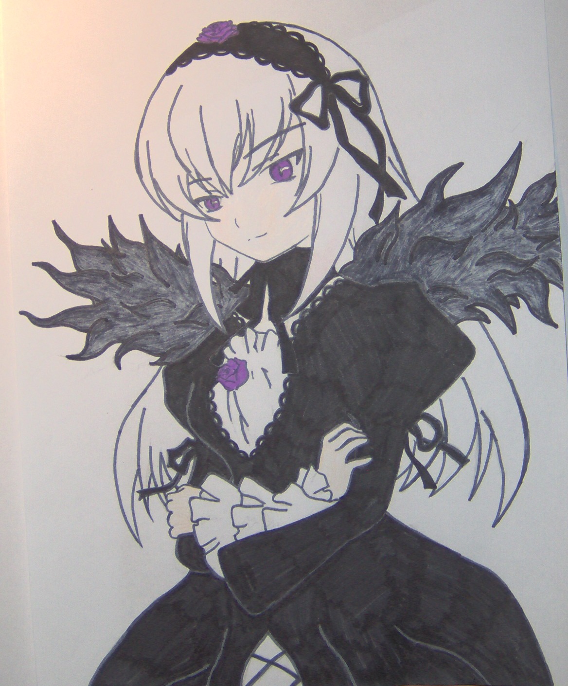 1girl black_dress breasts closed_mouth dress eyebrows_visible_through_hair flower hairband image long_hair long_sleeves looking_at_viewer rose silver_hair smile solo suigintou traditional_media