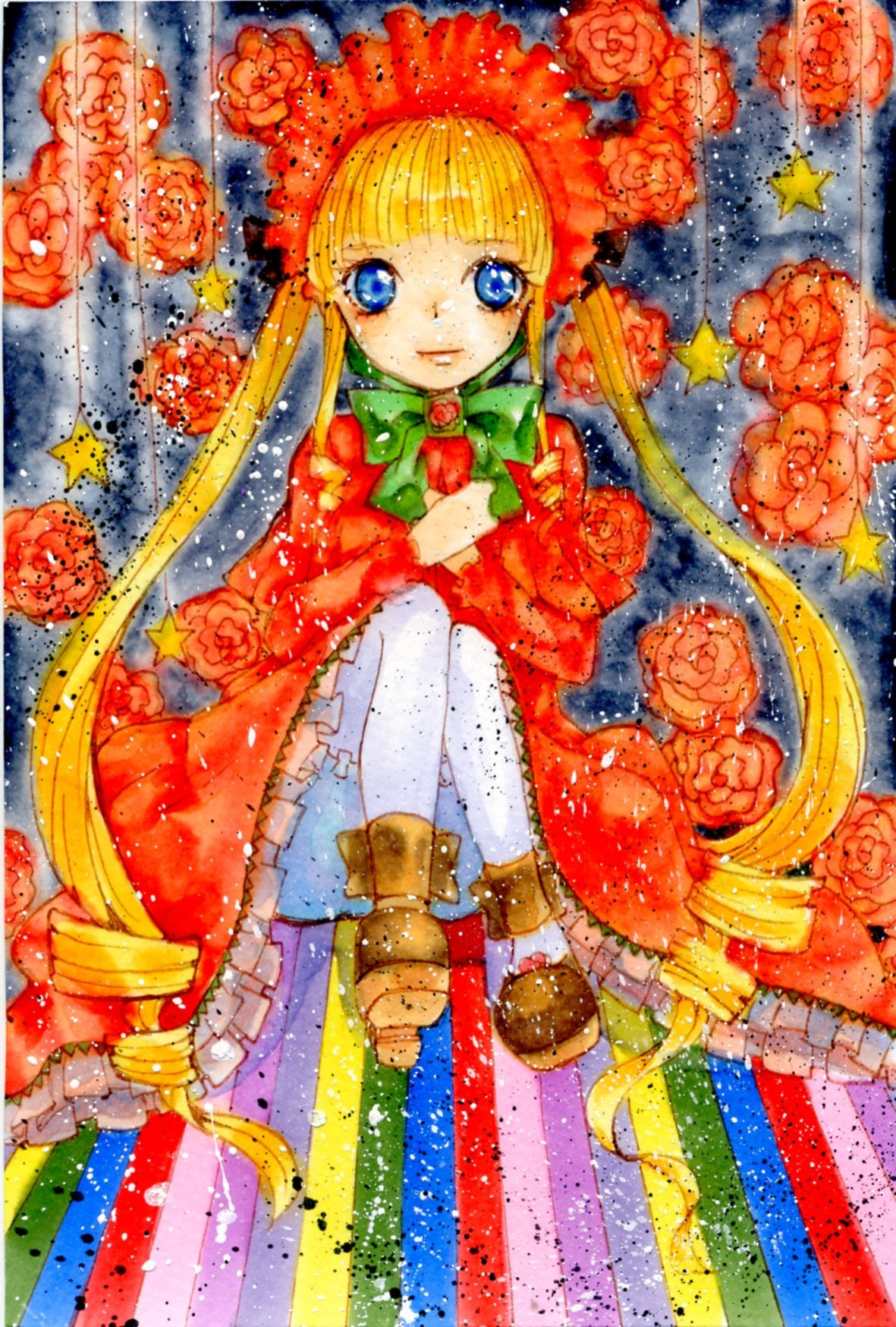 1girl bangs blonde_hair blue_eyes bonnet boots bow bowtie capelet dress flower frills green_bow image knee_boots long_hair long_sleeves looking_at_viewer marker_(medium) pantyhose red_capelet red_dress shinku sitting smile solo traditional_media twintails very_long_hair watercolor_(medium) white_legwear
