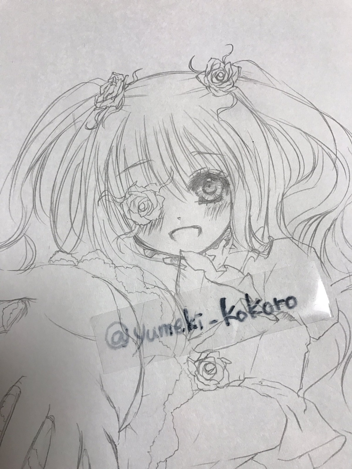 1girl :d blush flower hair_ornament image kirakishou long_hair looking_at_viewer monochrome open_mouth rose smile solo traditional_media twintails upper_body