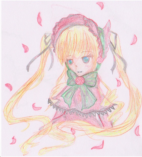 1girl blonde_hair blue_eyes bonnet bow bowtie cherry_blossoms dress flower image long_hair long_sleeves looking_at_viewer marker_(medium) petals pink_flower rose rose_petals shinku solo striped traditional_media twintails very_long_hair watercolor_(medium)
