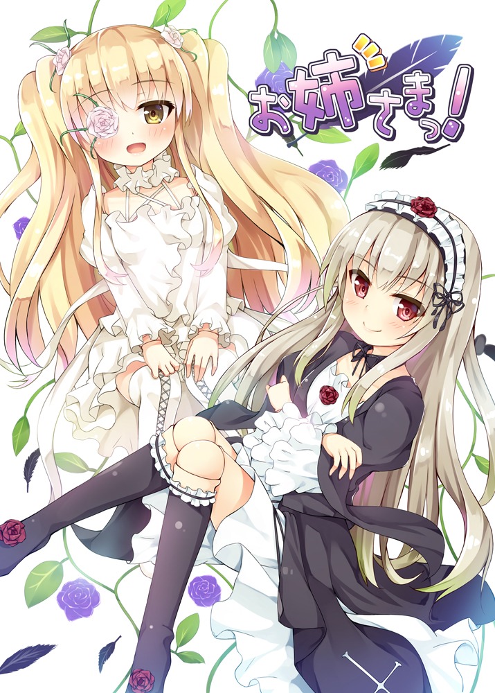 2girls :d ahoge black_legwear blonde_hair blush boots dress eyepatch flower frills hair_flower hair_ornament hairband image kirakishou knee_boots kneehighs lolita_fashion lolita_hairband long_hair long_sleeves multiple_girls open_mouth pair petals pink_flower pink_rose plant purple_flower purple_rose red_eyes red_flower red_rose ribbon rose silver_hair sitting smile suigintou thorns two_side_up very_long_hair vines white_dress