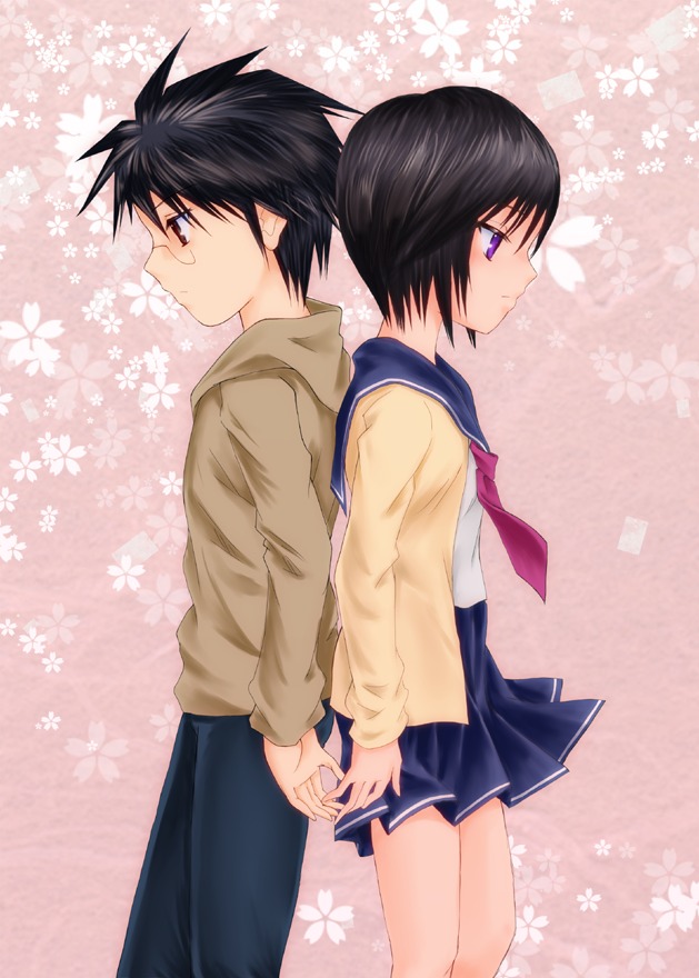 1boy 1girl back-to-back black_hair blue_sailor_collar floral_background glasses holding_hands human image interlocked_fingers kashiwaba_tomoe pair pleated_skirt profile purple_eyes sakurada_jun school_uniform serafuku short_hair skirt