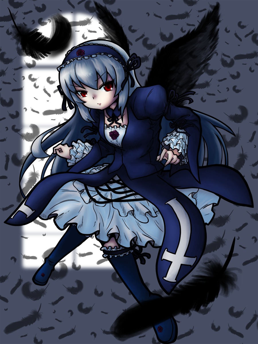 1girl auto_tagged black_feathers black_wings cross dress feathered_wings feathers flower frills full_body hairband image lolita_hairband long_hair long_sleeves looking_at_viewer red_eyes ribbon rose silver_hair solo suigintou thighhighs wings