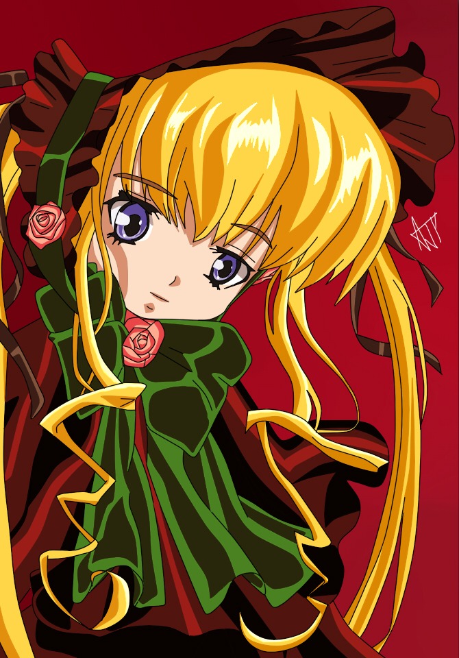 1girl blonde_hair blue_eyes bonnet bow dress flower green_bow image long_hair long_sleeves looking_at_viewer pink_flower pink_rose red_flower red_rose rose shinku simple_background solo twintails upper_body