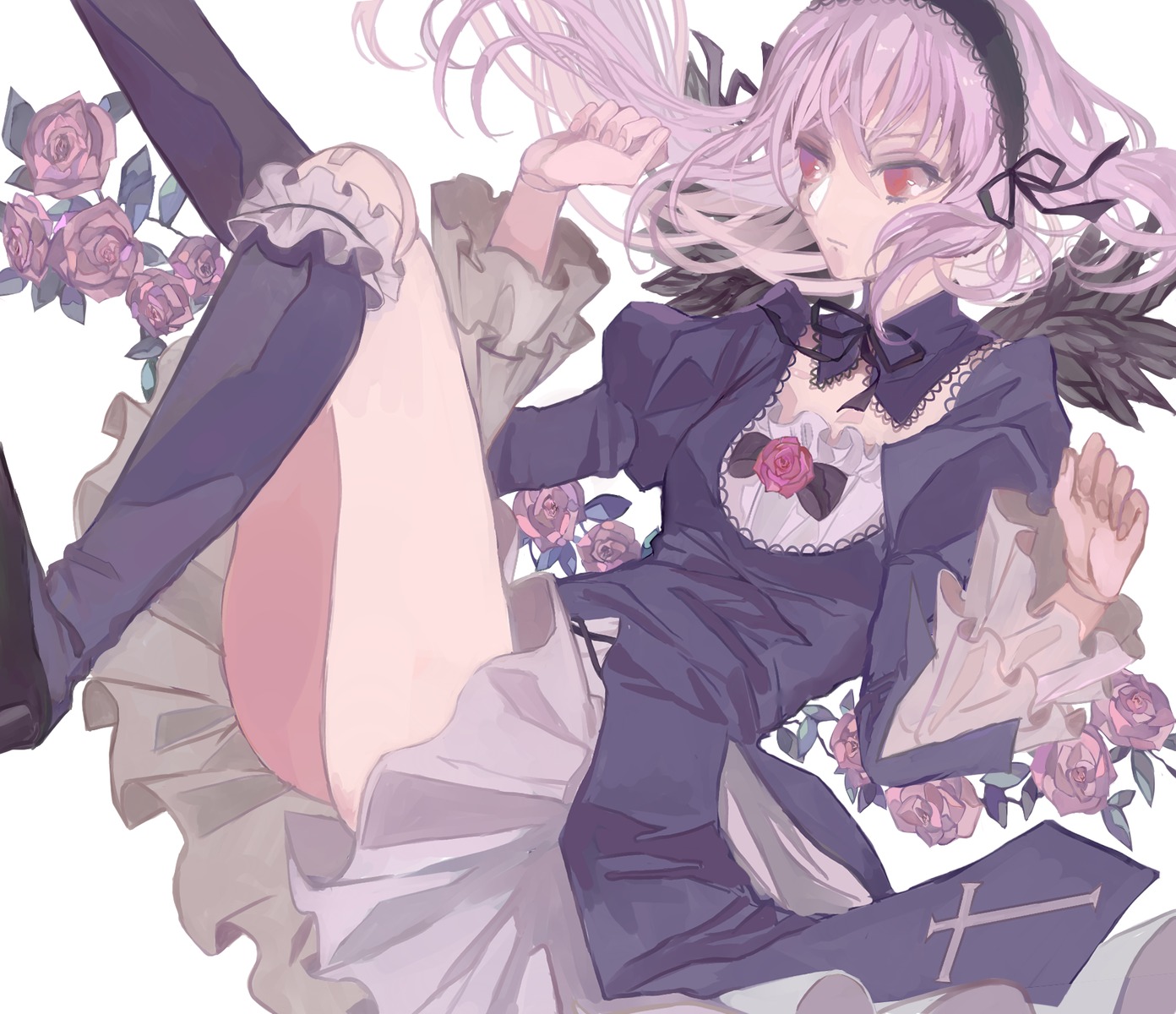 1girl dress flower frills hairband image lolita_fashion long_hair long_sleeves lying pink_flower pink_rose purple_flower purple_rose red_eyes red_flower red_rose ribbon rose solo suigintou white_rose wings