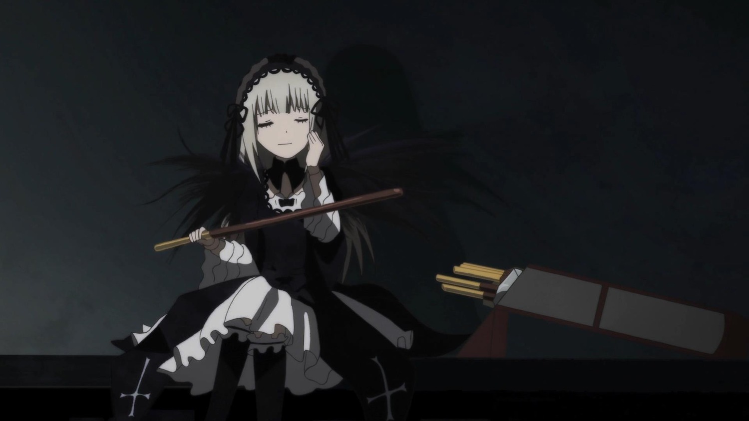 1girl black_background closed_eyes closed_mouth cross dress frills hairband holding image instrument long_hair long_sleeves silver_hair sitting solo suigintou weapon