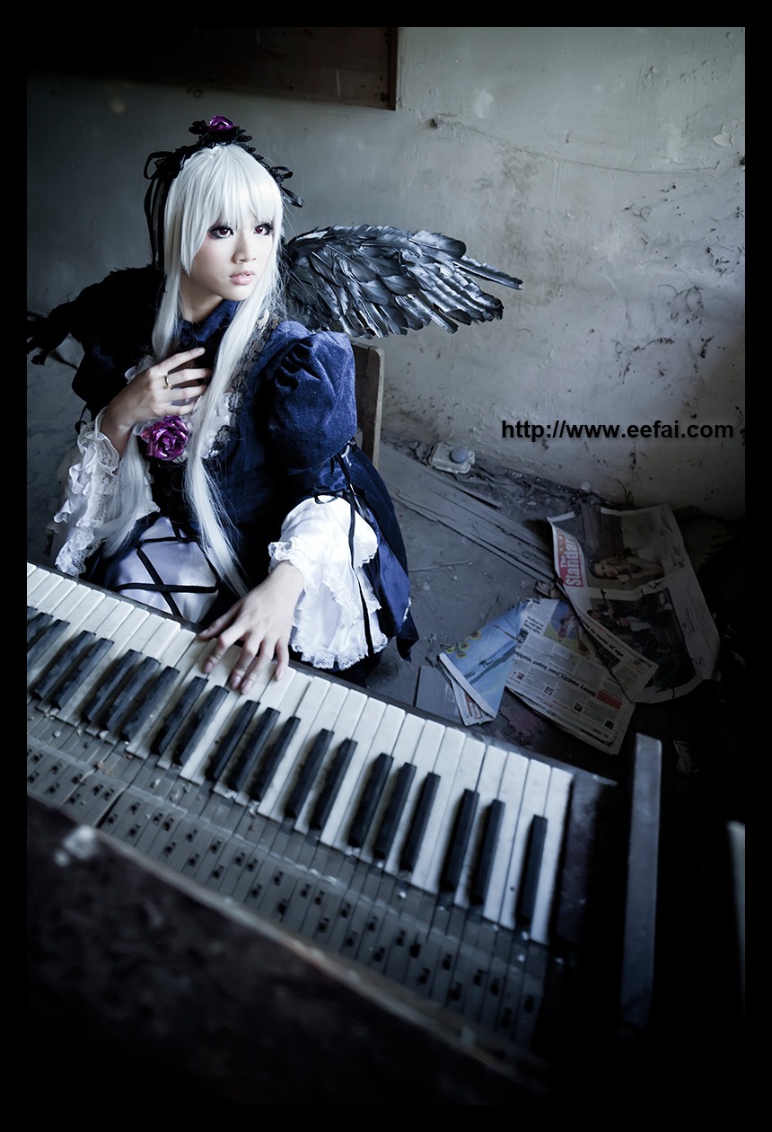 1girl bass_guitar dress electric_guitar feathers flower frills guitar instrument keyboard_(instrument) letterboxed long_hair music piano silver_hair solo suigintou wings