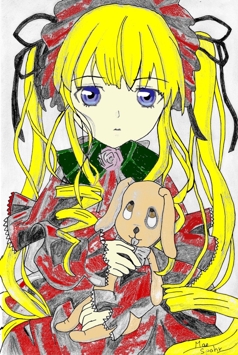 1girl blonde_hair blue_eyes dress drill_hair flower image long_hair long_sleeves looking_at_viewer marker_(medium) rose shinku simple_background solo stuffed_animal traditional_media twintails