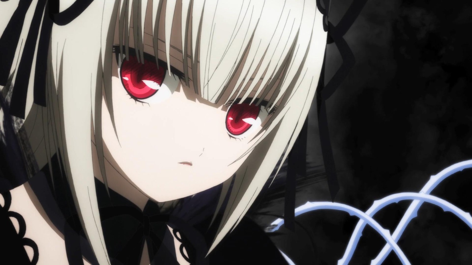 1girl bangs black_ribbon closed_mouth detached_collar expressionless eyebrows_visible_through_hair hair_ribbon image long_hair looking_at_viewer portrait red_eyes ribbon rose silver_hair simple_background solo suigintou