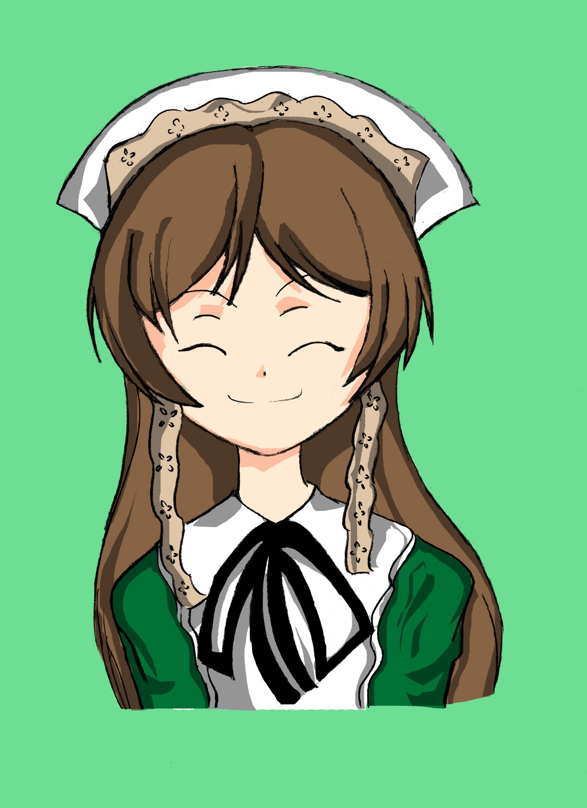 1girl apron bangs brown_hair closed_eyes closed_mouth dress facing_viewer green_background head_scarf image long_hair portrait ribbon simple_background smile solo suiseiseki