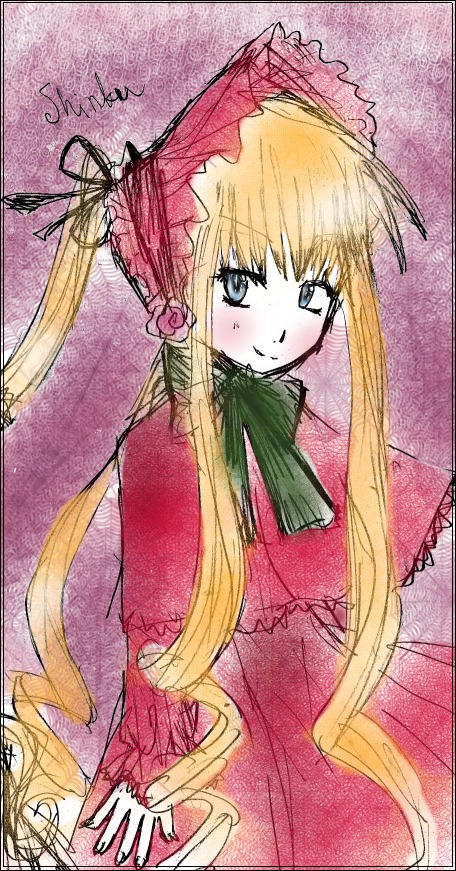 1girl blonde_hair blue_eyes blush bonnet bow bowtie dress flower green_bow green_neckwear image long_hair long_sleeves looking_at_viewer red_dress shinku sidelocks smile solo twintails very_long_hair