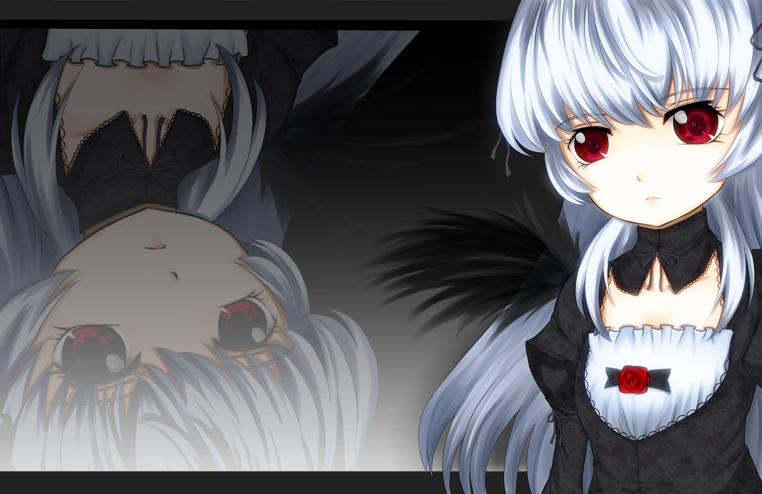 1girl bow choker collarbone detached_collar dress expressionless flower image long_hair looking_at_viewer multiple_views red_eyes ribbon silver_hair solo suigintou upper_body wings