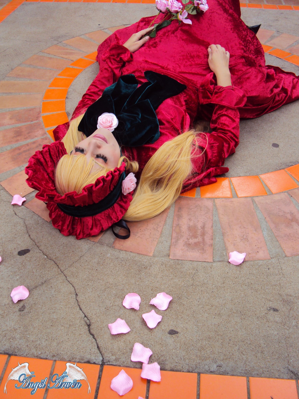 1girl blonde_hair bow dress flower long_hair petals pink_flower red_dress rose shinku solo traditional_media