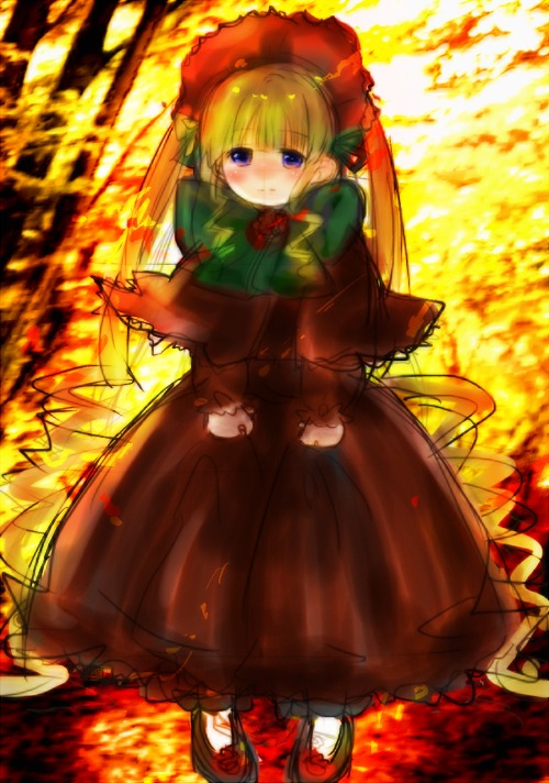 1girl blonde_hair blue_eyes blush bonnet bow dress fire flower full_body image long_sleeves looking_at_viewer rose shinku solo standing twintails