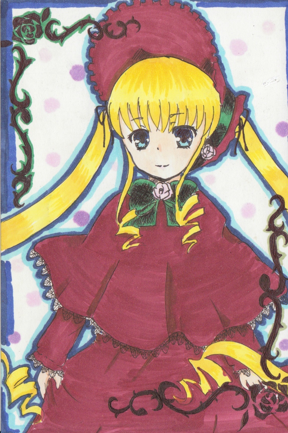 1girl blonde_hair blue_eyes bonnet bow bowtie capelet dress drill_hair flower full_body green_bow image long_hair long_sleeves looking_at_viewer red_dress rose shinku solo twintails very_long_hair