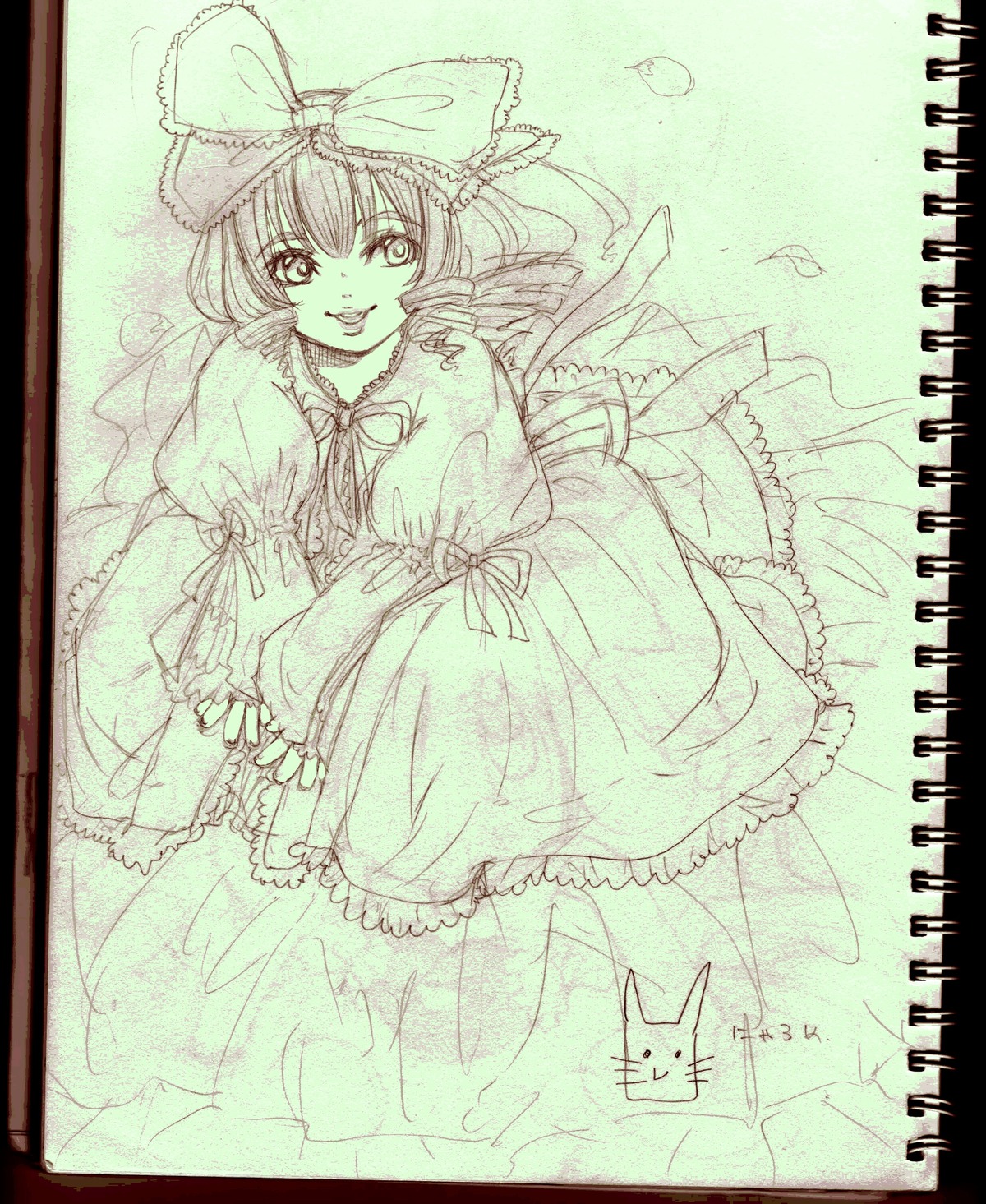 1girl black_border bow dress frills hair_bow hinaichigo image kagiyama_hina long_hair looking_at_viewer monochrome puffy_sleeves ribbon smile solo traditional_media