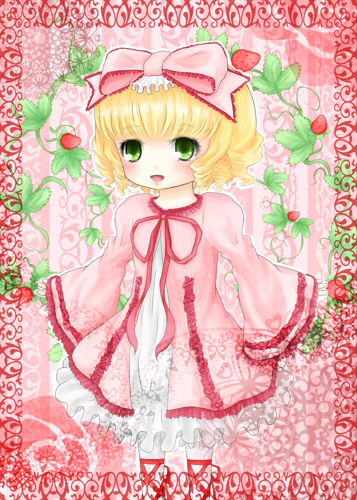 1girl blonde_hair blush bow cherry dress flower food frills fruit green_eyes hina_ichigo hinaichigo image long_sleeves object_namesake open_mouth pantyhose pink_bow ribbon rose short_hair smile solo strawberry vines