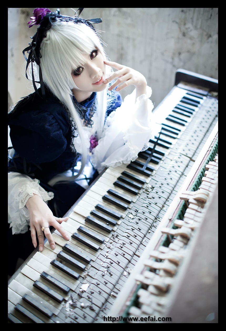 1girl auto_tagged black_border blurry bow_(instrument) dress electric_guitar frills guitar instrument keyboard_(instrument) letterboxed lips long_sleeves music nail_polish piano playing_instrument plectrum sheet_music silver_hair solo suigintou white_hair