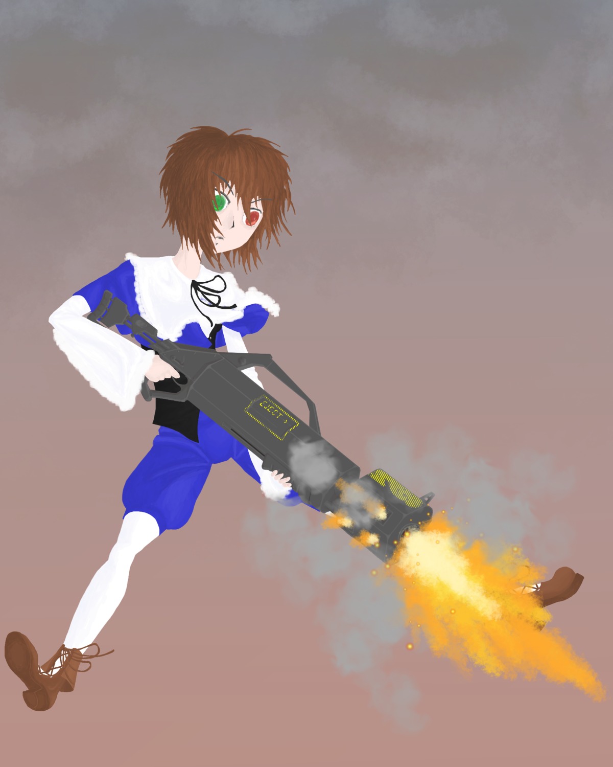 1girl brown_hair explosion fire firing green_eyes gun heterochromia holding image muzzle_flash red_eyes shell_casing short_hair smoke solo souseiseki weapon white_legwear