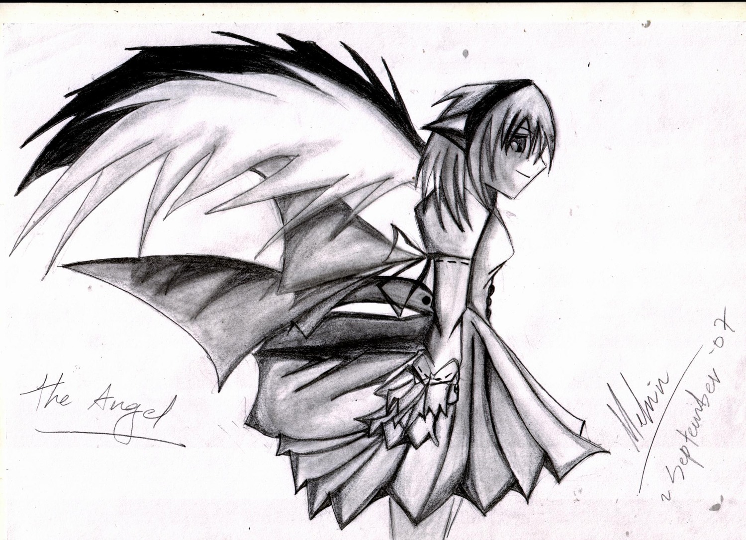 1girl bare_shoulders dated dress greyscale image looking_at_viewer looking_back monochrome mystia_lorelei profile short_hair signature solo standing suigintou traditional_media white_background wings