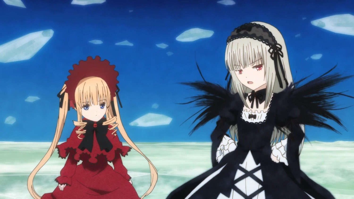 2girls black_wings blonde_hair blue_eyes bonnet bow day dress flower frills hairband image long_hair long_sleeves looking_at_viewer multiple_girls outdoors pair red_dress red_eyes shinku silver_hair sky suigintou twintails very_long_hair wings