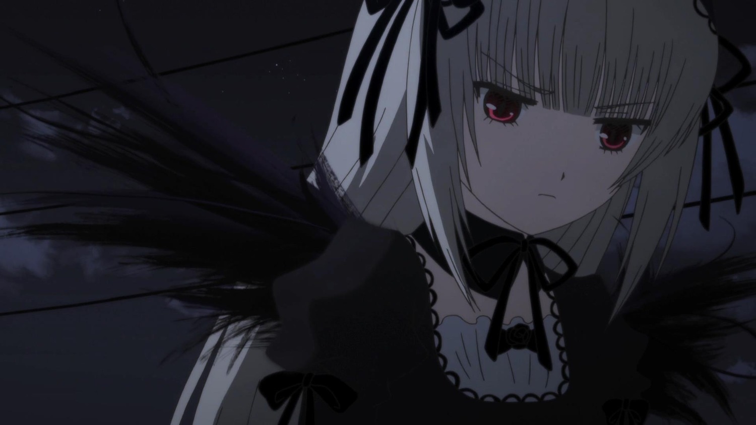 1girl bangs black_ribbon closed_mouth dress frills hairband image long_hair long_sleeves looking_at_viewer red_eyes ribbon silver_hair solo suigintou