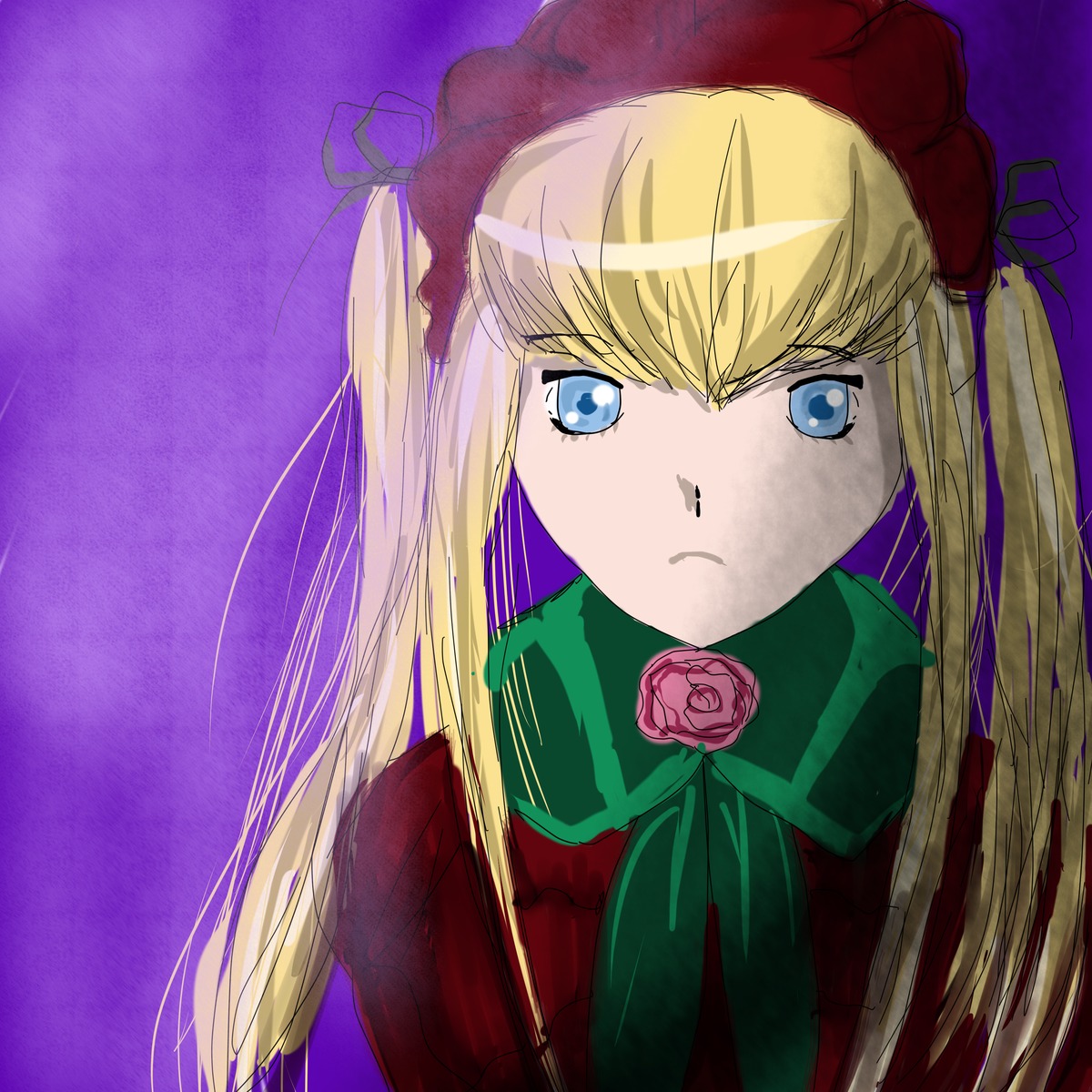 1girl bangs blonde_hair blue_eyes bow bowtie closed_mouth flower green_bow green_neckwear image long_hair looking_at_viewer purple_background rose shinku simple_background solo upper_body