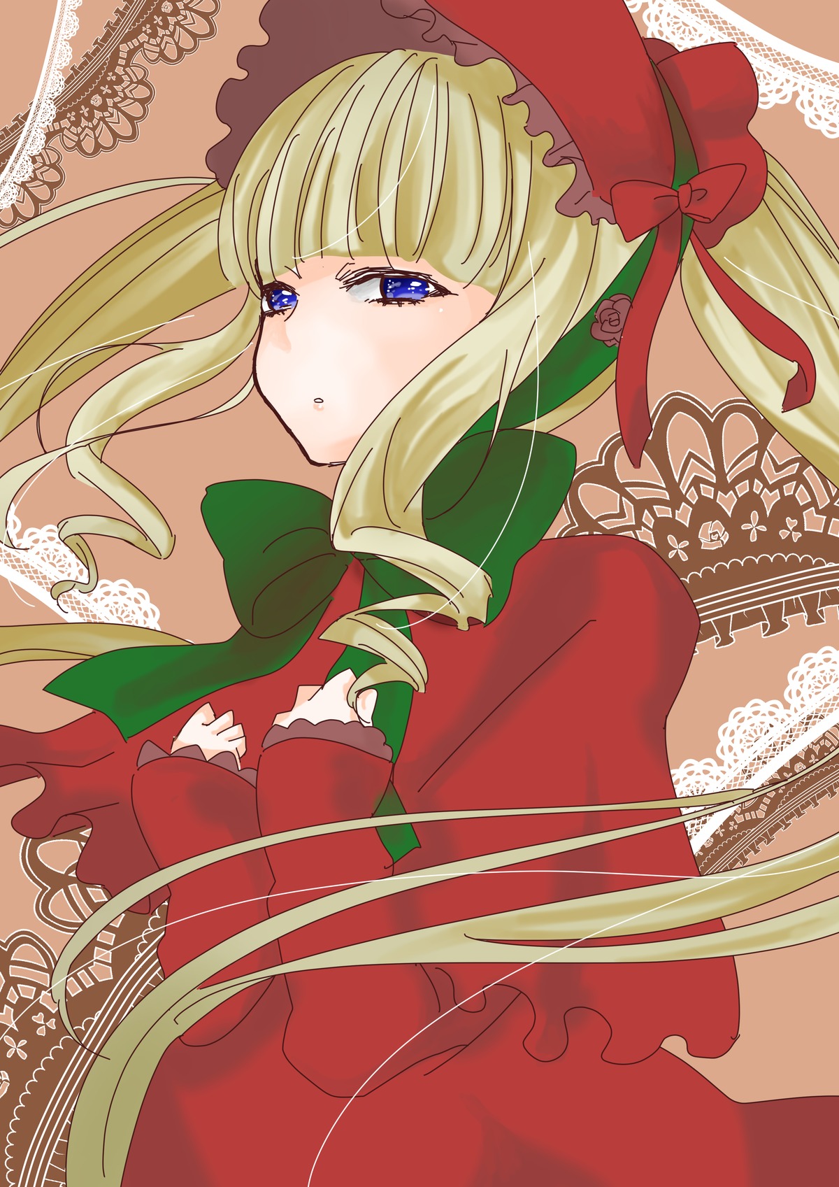 1girl blonde_hair blue_eyes blush bonnet bow dress flower image long_hair long_sleeves looking_at_viewer ribbon shinku solo