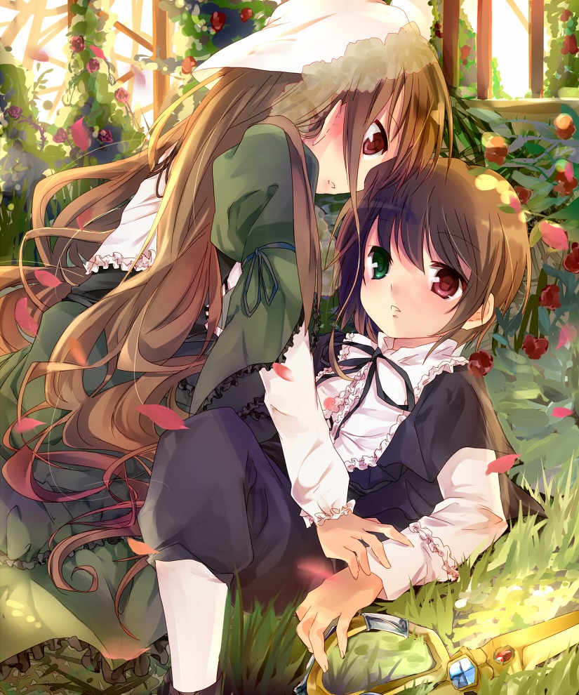 2girls androgynous blush brown_hair commentary_request dress flower frills grass green_eyes head_scarf heterochromia image llaoi_h long_hair long_sleeves looking_at_another lying multiple_girls on_back on_person pair pantyhose red_eyes rozen_maiden scissors short_hair siblings sisters souseiseki suiseiseki twins very_long_hair watering_can