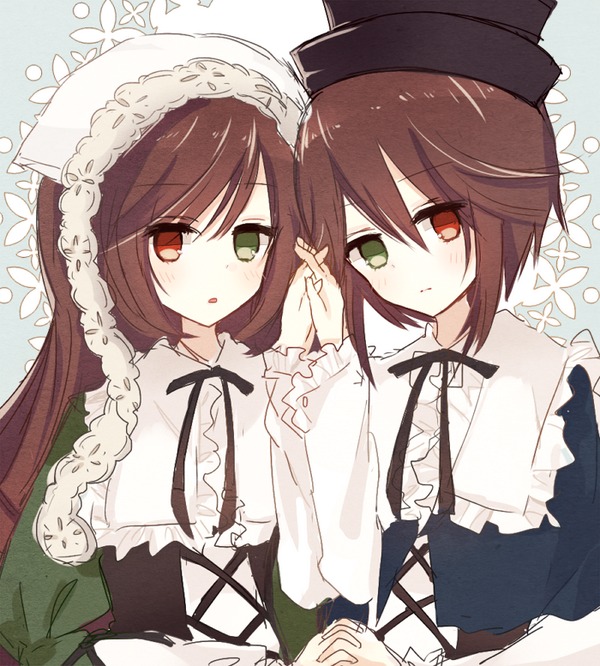 2girls blush brown_hair dress frills green_dress green_eyes hat heterochromia holding_hands image interlocked_fingers long_hair long_sleeves multiple_girls pair red_eyes ribbon short_hair siblings sisters souseiseki suiseiseki twins