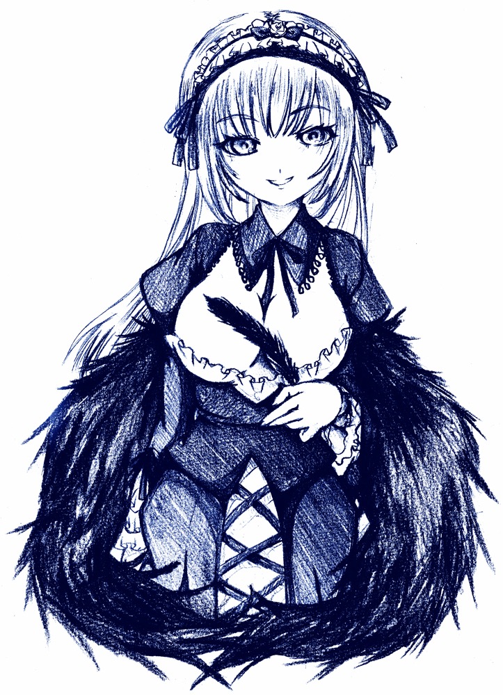 1girl breasts cleavage dress frills gothic_lolita hairband image large_breasts lolita_hairband long_hair long_sleeves looking_at_viewer monochrome ribbon smile solo suigintou