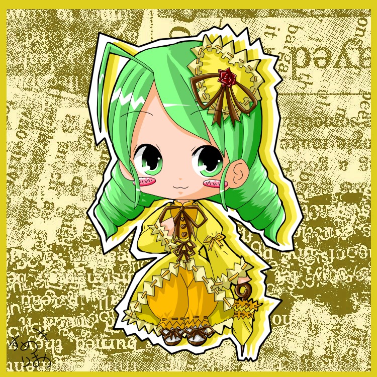 1girl ahoge character_name chibi crown dress drill_hair frills full_body green_eyes green_hair image kanaria long_sleeves personification puffy_sleeves ribbon smile solo standing twin_drills yellow_dress