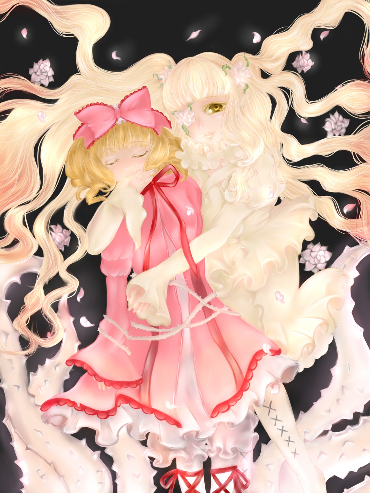 2girls blonde_hair boots bow closed_eyes cross-laced_footwear dress eyepatch flower hair_flower hina_ichigo hinaichigo holding_hands image kirakishou knee_boots long_hair multiple_girls pair petals pink_bow pink_dress sisters twins very_long_hair yellow_eyes