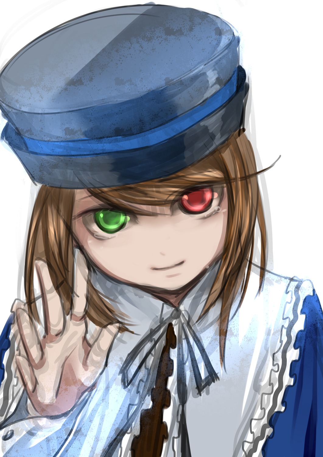 1girl auto_tagged bangs blue_dress blue_headwear brown_hair closed_mouth green_eyes hat heterochromia image long_sleeves looking_at_viewer neck_ribbon red_eyes ribbon short_hair simple_background smile solo souseiseki upper_body white_background