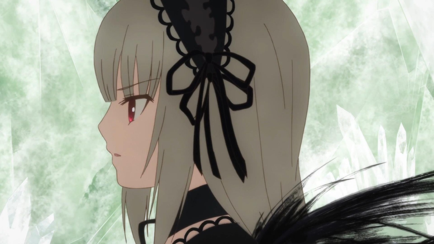 1girl auto_tagged bangs black_ribbon dress eyebrows_visible_through_hair hairband image long_hair parted_lips red_eyes ribbon silver_hair solo suigintou