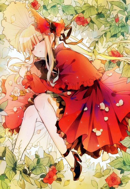 1girl blonde_hair bonnet closed_eyes dress flower hat image leaf long_hair lying on_side red_dress red_flower red_rose rose shinku sleeping solo thighhighs