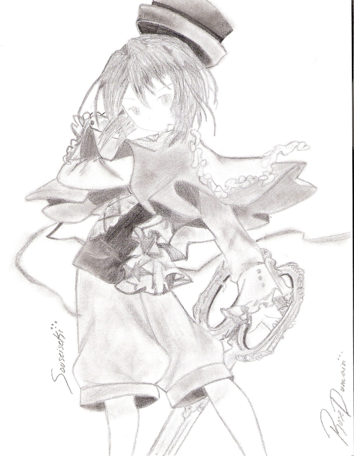 1girl artist_name dated frills greyscale hat image long_sleeves monochrome short_hair signature skirt solo souseiseki traditional_media