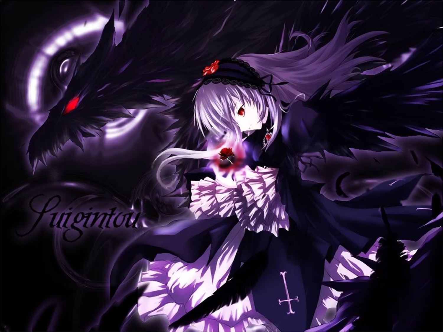 1girl auto_tagged black_dress black_wings dress frills hairband image long_hair long_sleeves red_eyes solo suigintou wings