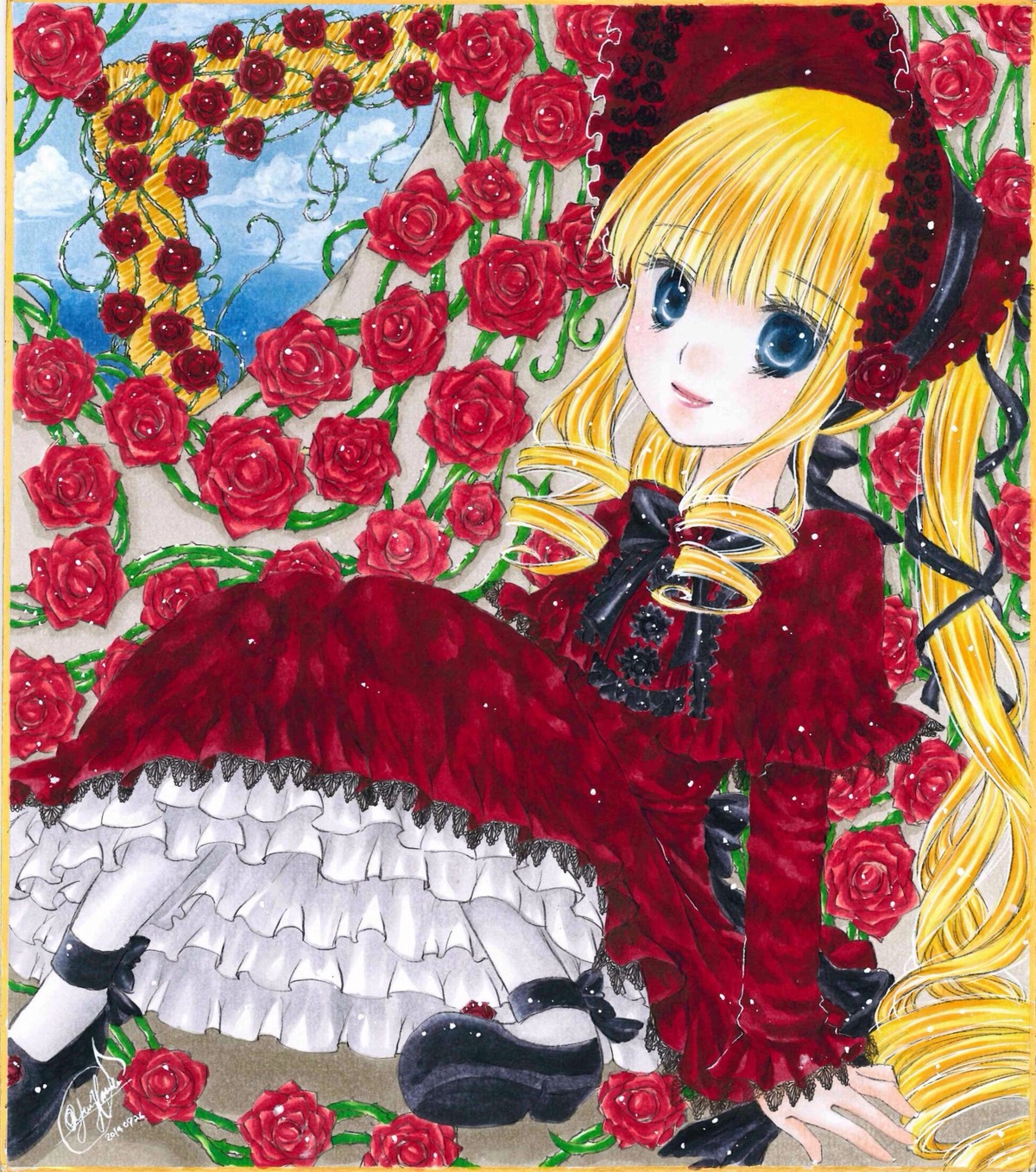 1girl blonde_hair blue_eyes bow dress drill_hair flower frills image lolita_fashion long_hair marker_(medium) mary_janes pantyhose pink_rose red_flower red_rose rose shinku shoes smile solo thorns traditional_media twin_drills