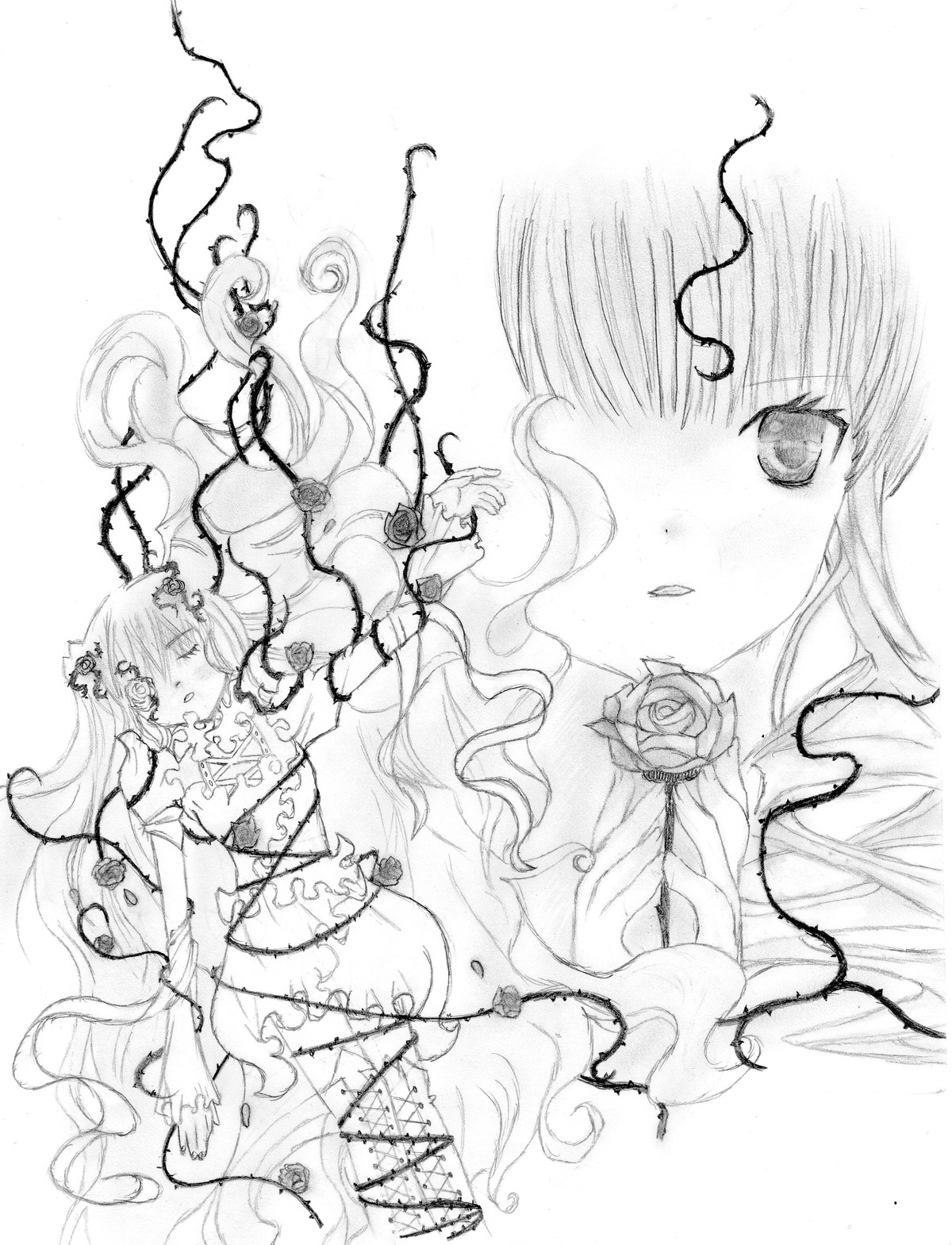 1girl dress flower image kirakishou lineart long_hair monochrome pair rose shinku solo thorns vines