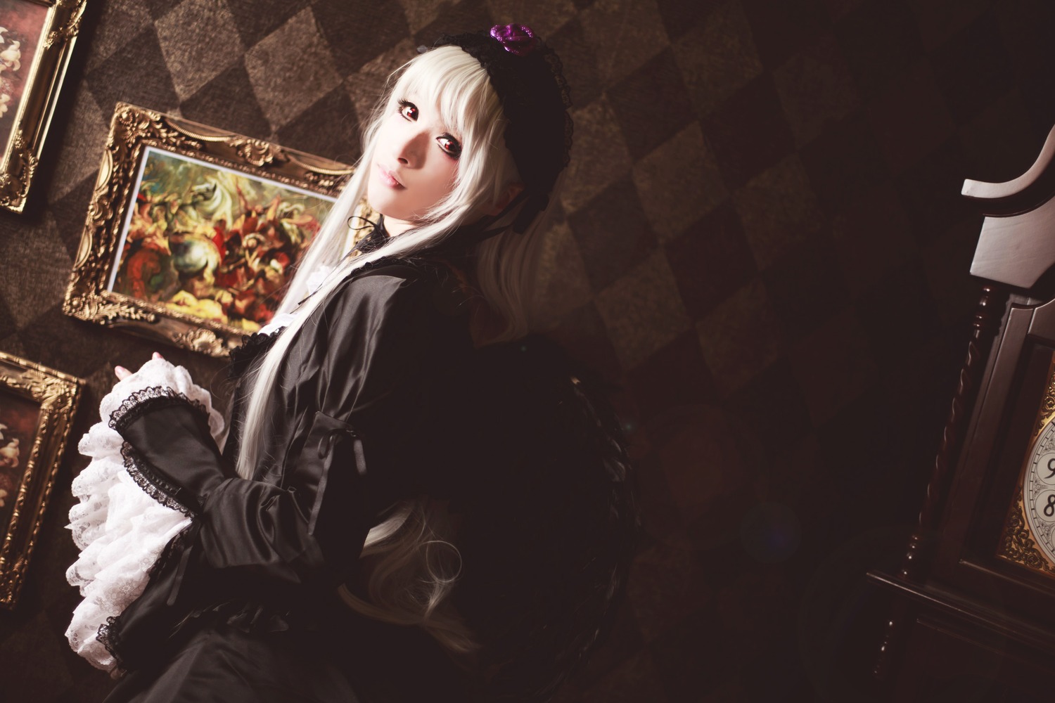 1girl argyle argyle_background argyle_legwear blonde_hair board_game card checkered checkered_background checkered_floor checkered_kimono checkered_skirt chess_piece crown dress flag gothic_lolita hat jester_cap lips lolita_fashion mirror perspective red_eyes reflection solo suigintou tile_floor tile_wall tiles vanishing_point white_hair