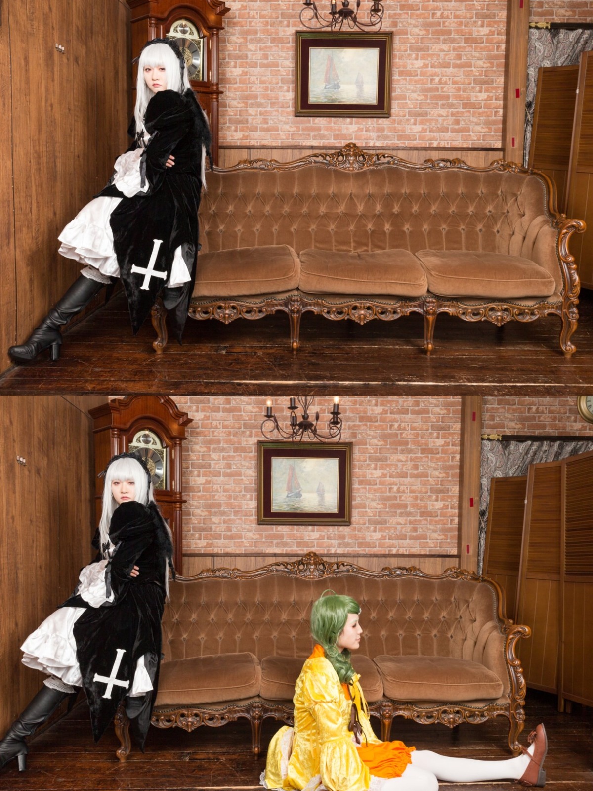 boots braid brick_wall closed_eyes dress flower indoors long_hair long_sleeves multiple_cosplay multiple_girls sitting standing tagme white_hair wooden_floor