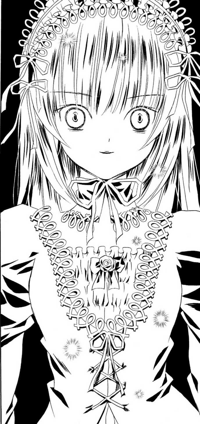 1girl closed_mouth dress eyebrows_visible_through_hair greyscale hair_ribbon image long_hair looking_at_viewer monochrome ribbon simple_background smile solo suigintou upper_body white_background