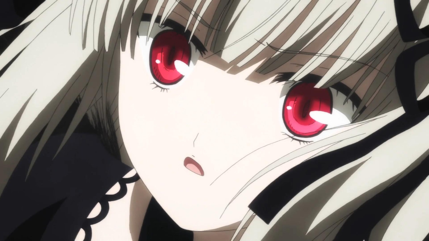 1girl bangs close-up eyebrows_visible_through_hair face hair_ribbon image looking_at_viewer open_mouth red_eyes ribbon simple_background solo suigintou