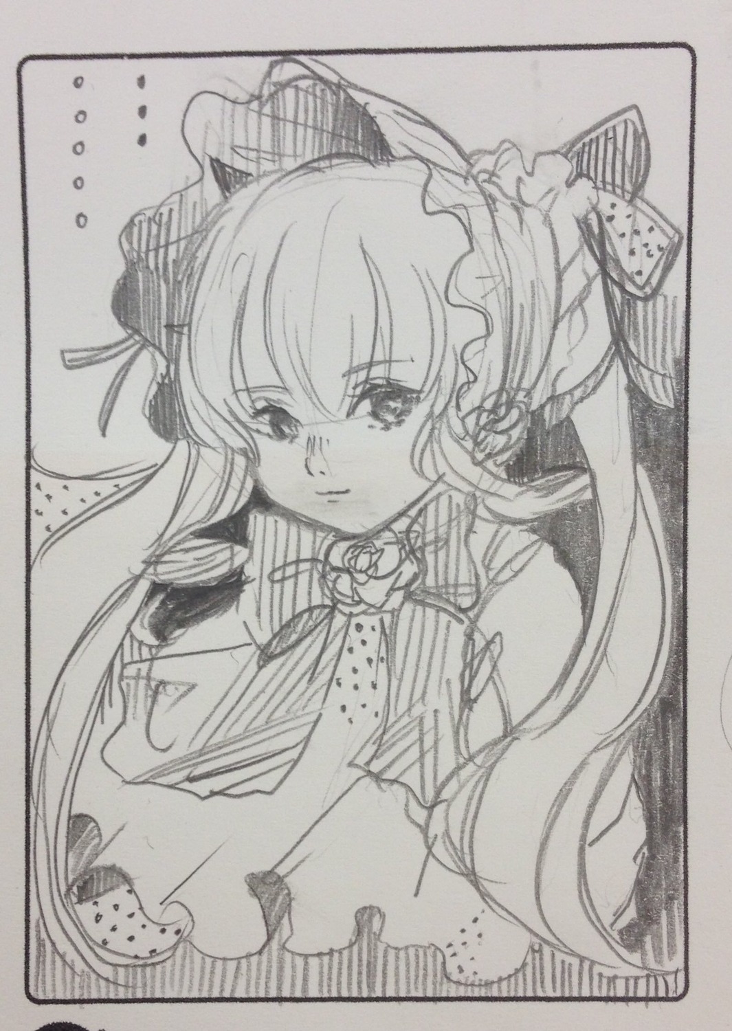 1girl bow flower graphite_(medium) image long_hair looking_at_viewer monochrome shinku solo traditional_media upper_body