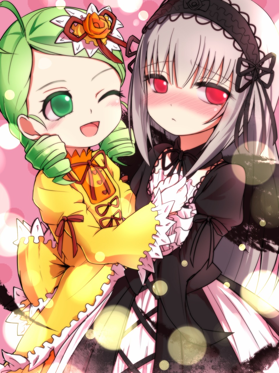 2girls blush doll_joints dress drill_hair flower frills green_eyes green_hair hairband image joints juliet_sleeves kanaria long_hair long_sleeves multiple_girls one_eye_closed open_mouth pair puffy_sleeves red_eyes ribbon rose silver_hair smile suigintou twin_drills wide_sleeves